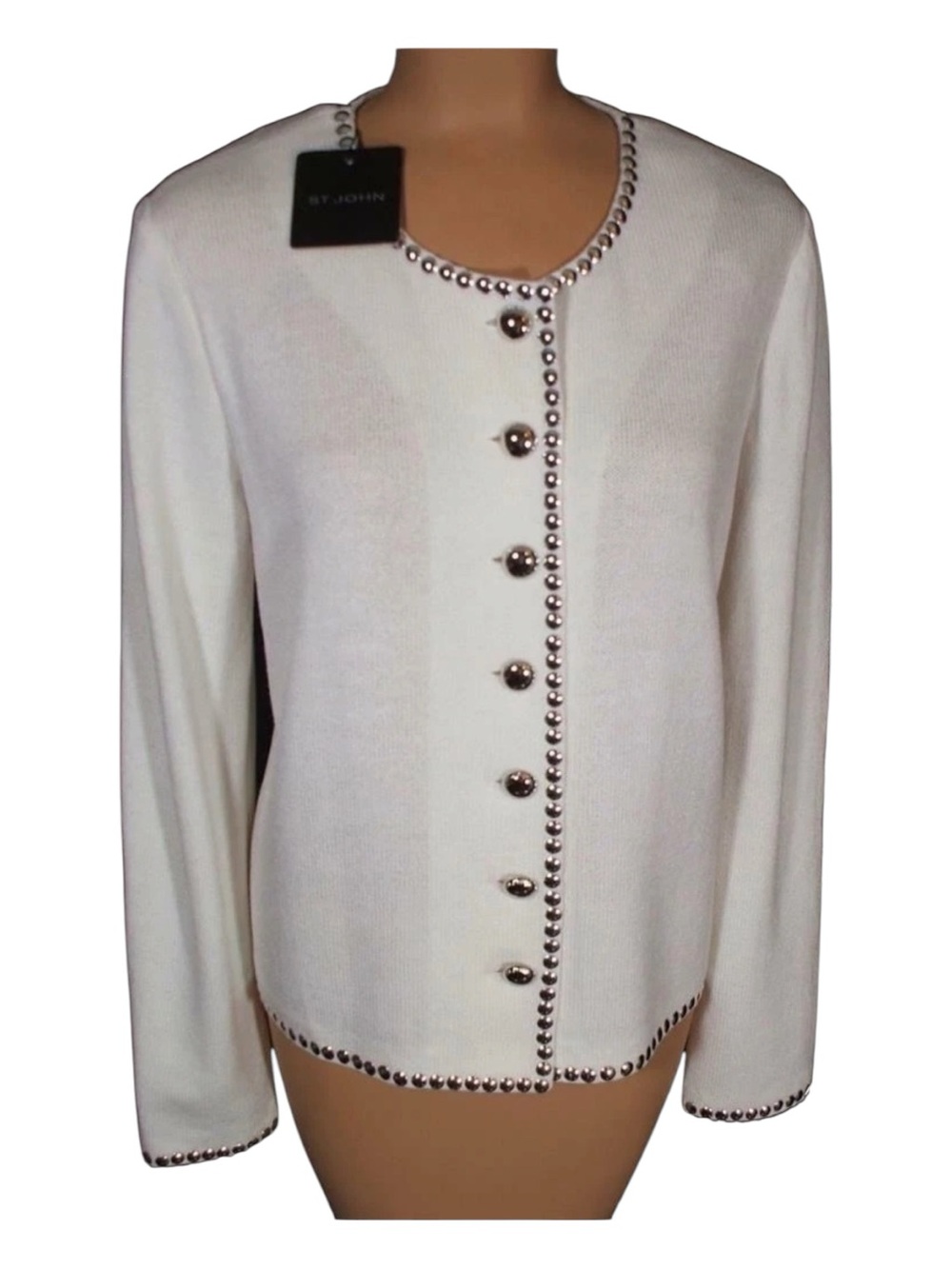 NWT St. John White Santana Knit Silver Stud-Trim Jacket Sz 12